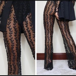 Black Woven Sheer Lace Flared Trousers